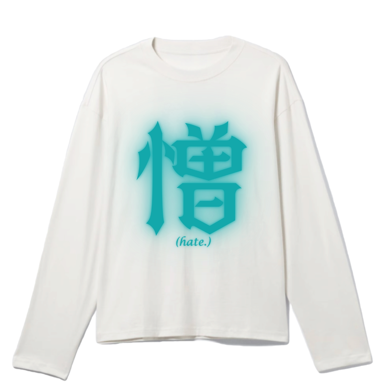 White long-sleeve shirt with turquoise designs on a white background