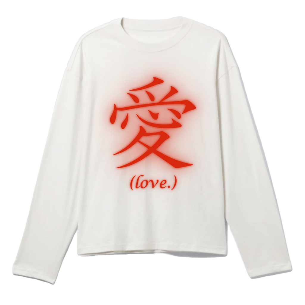 White long-sleeve shirt with red graphics and text on a white background