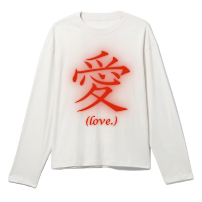White long-sleeve shirt with red graphics and text on a white background