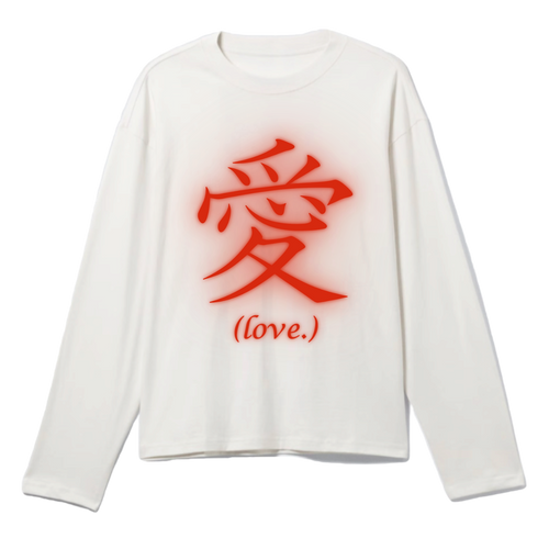White long-sleeve shirt with red graphics and text on a white background